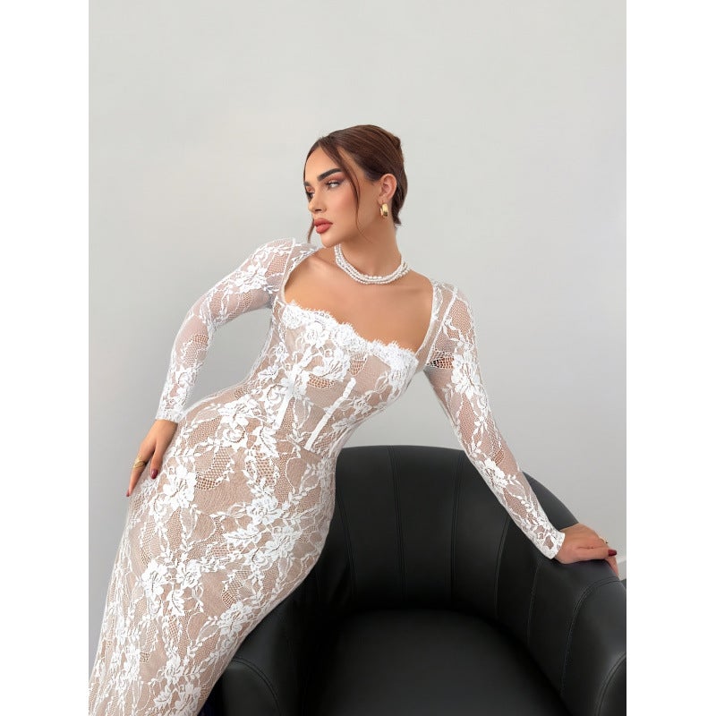 Elegant Square Neck Lace Splicing Slim Dress 2025 Style Fashionable One-Step Skirt - Image 4